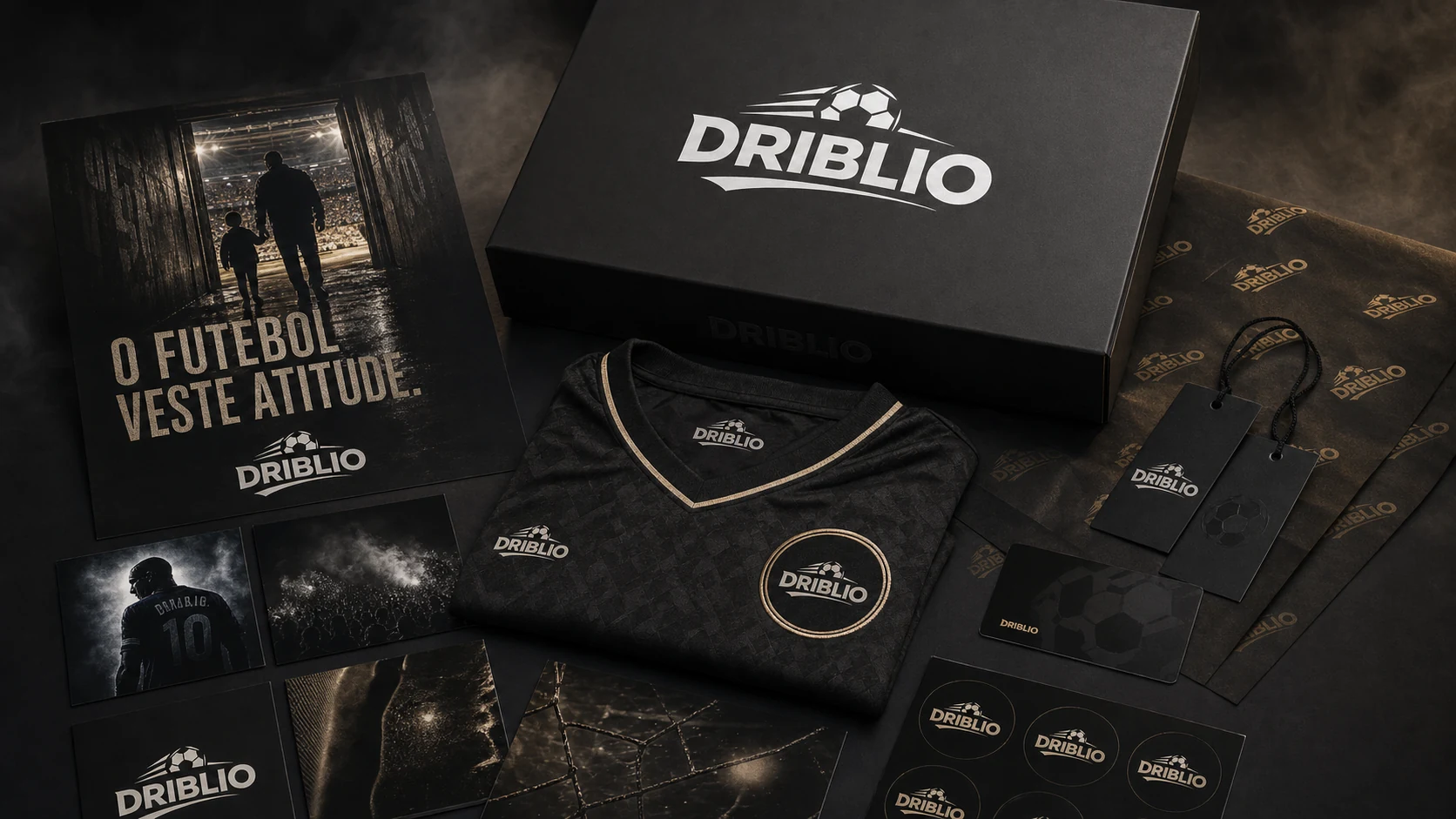 Sistema de branding Driblio aplicado em packaging, jersey, tags e peças editoriais